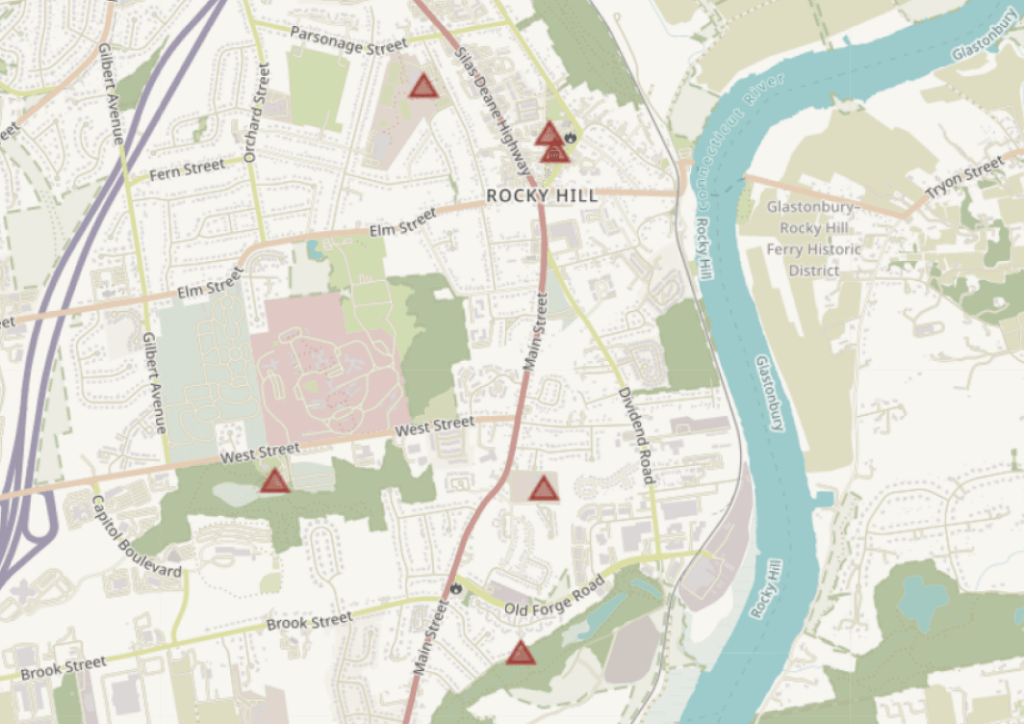 Une carte de Rocky Hill avec de petits triangles dessus représentant des points de données.