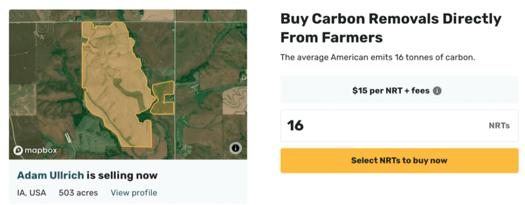 The Nori website displays a polygon of a farm and a button for the user to purchase Nori Carbon Removal Tonnes (NRTs)