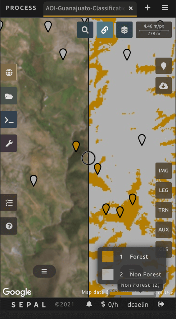 A screenshot of the mobile view of Sepal. It depicts a map divided in half. On the left , a high-resolution satellite image, with points labeled by the user as "forest" or "non-forest" locations. On the right, a computer analysis of the landscape, labeling the land according to those two categories.