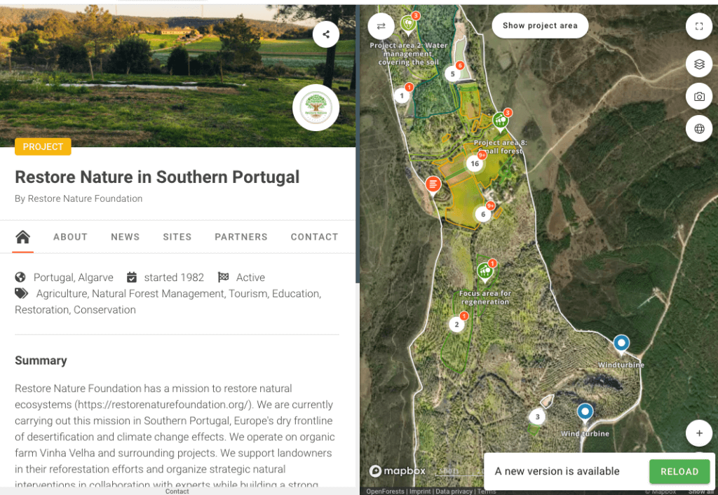 a map of a ladndscape in portugal, accompanied by text. The text reads, "Restore Nature Foundation has a mission to restore natural ecosystems (https://restorenaturefoundation.org/). We are currently carrying out this mission in Southern Portugal, Europe's dry frontline of desertification and climate change effects. We operate on organic farm Vinha Velha and surrounding projects. We support landowners in their reforestation efforts and organize strategic natural interventions in collaboration with experts while building a strong regional community." The map shows the location of wind turbines and regeneration projects.