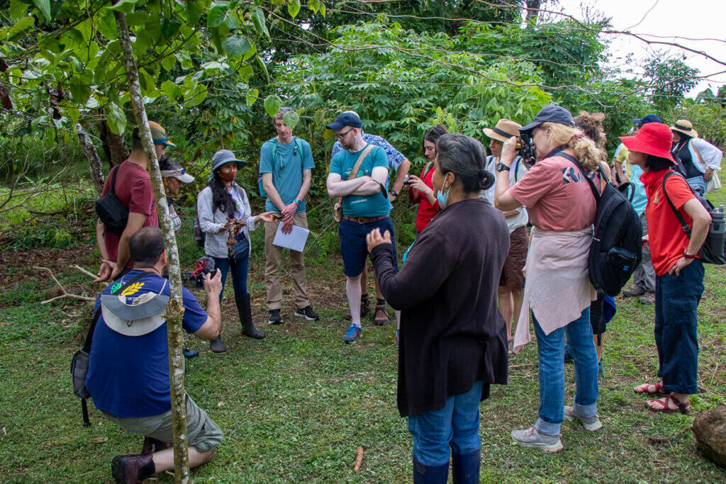 Os participantes do workshop se reúnem em torno de um agricultor em uma das visitas ao local.