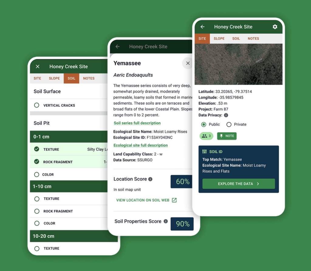 Screenshots of three different screens of the app. The first is showing the soil identification screen. The second shows a site information screen. The third shows the project screen. 