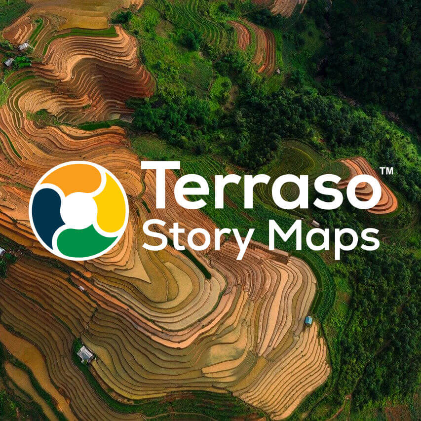 Terraso Story Maps logo over aerial photo of a terraced landscape. Image by Namden from Pixabay