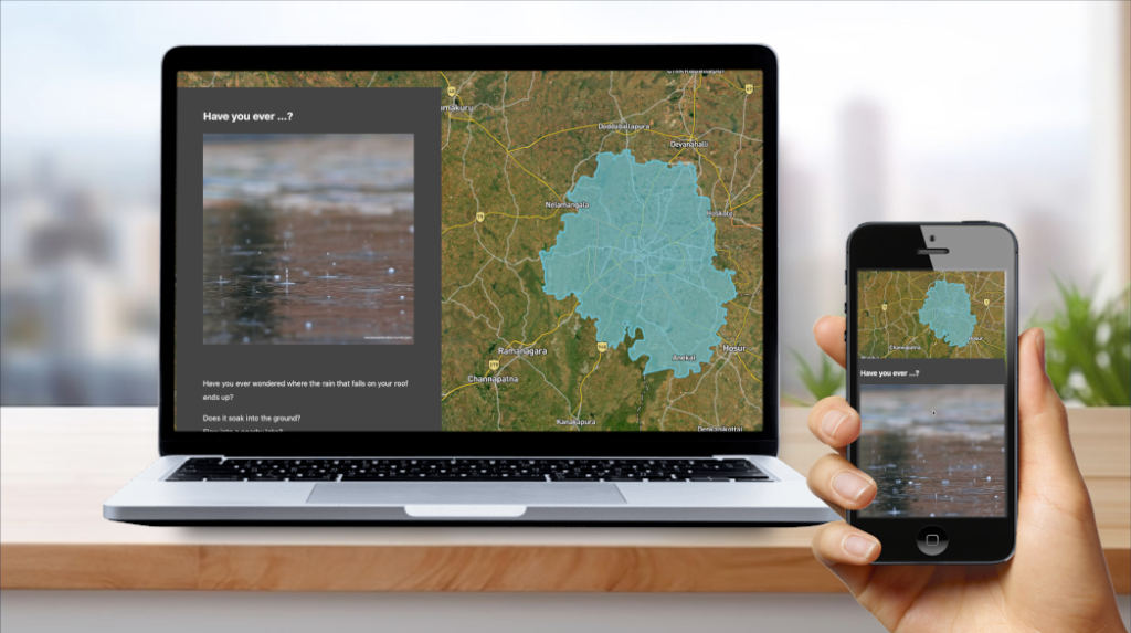 A phone with a laptop, both displaying a story map