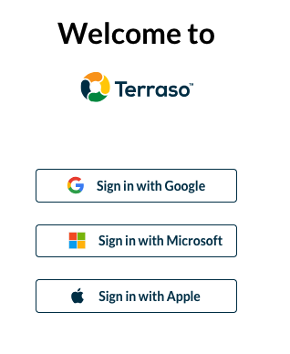 Terraso sign-in page showing Google, Microsoft, and Apple login options