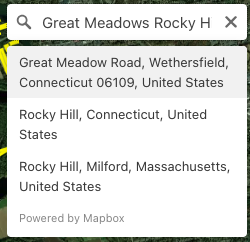 A search bar shows a place entered, with several possible locations listed below
