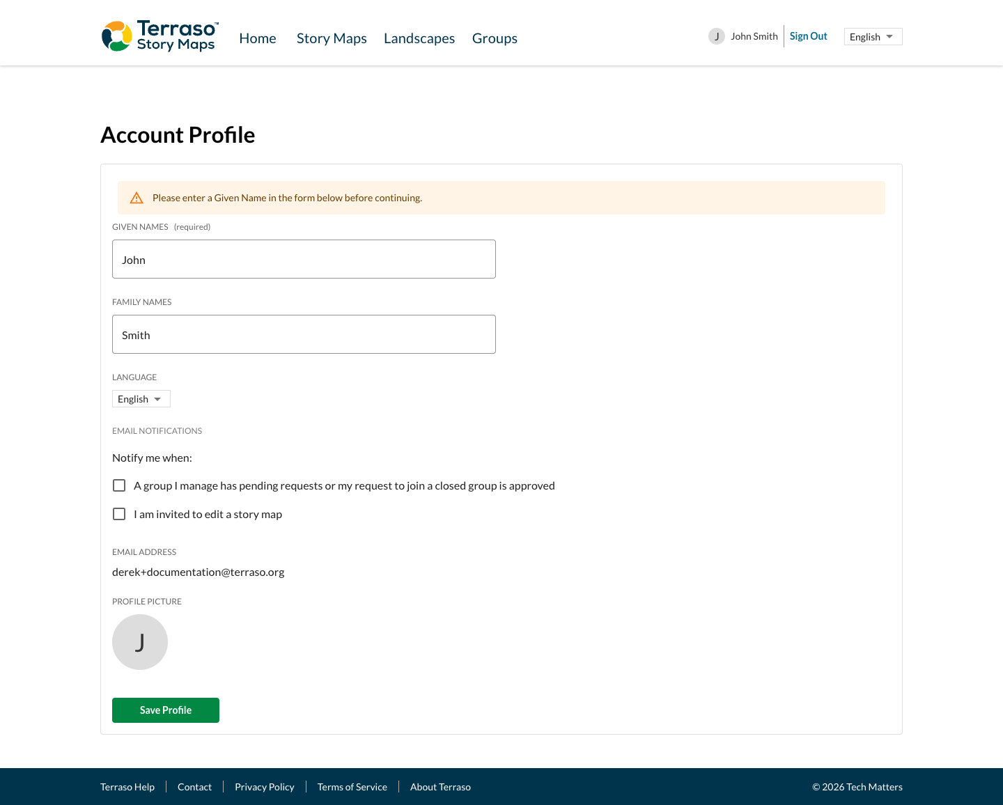 Profile completion form asking for first and last name