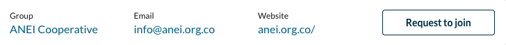 A group card listing a group's name, website, and email. a button reads "Request to join"