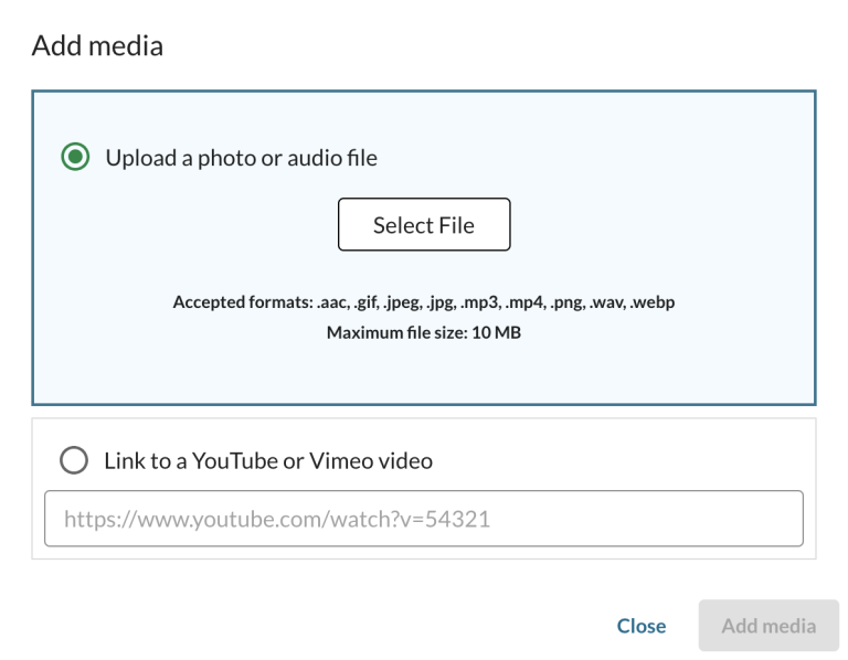 A media upload window, showing accepted file formats and the option to attach youtube and vimeo videos