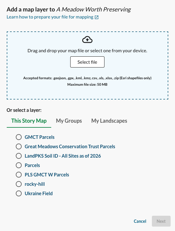 a file picker allows the user to upload a file or select one from a group or landscape