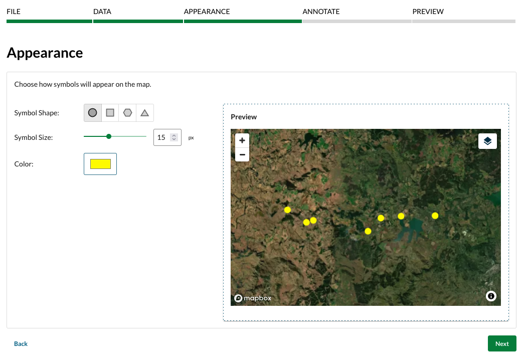 a series of yellow dots are on a map, with control sliders determining how they look