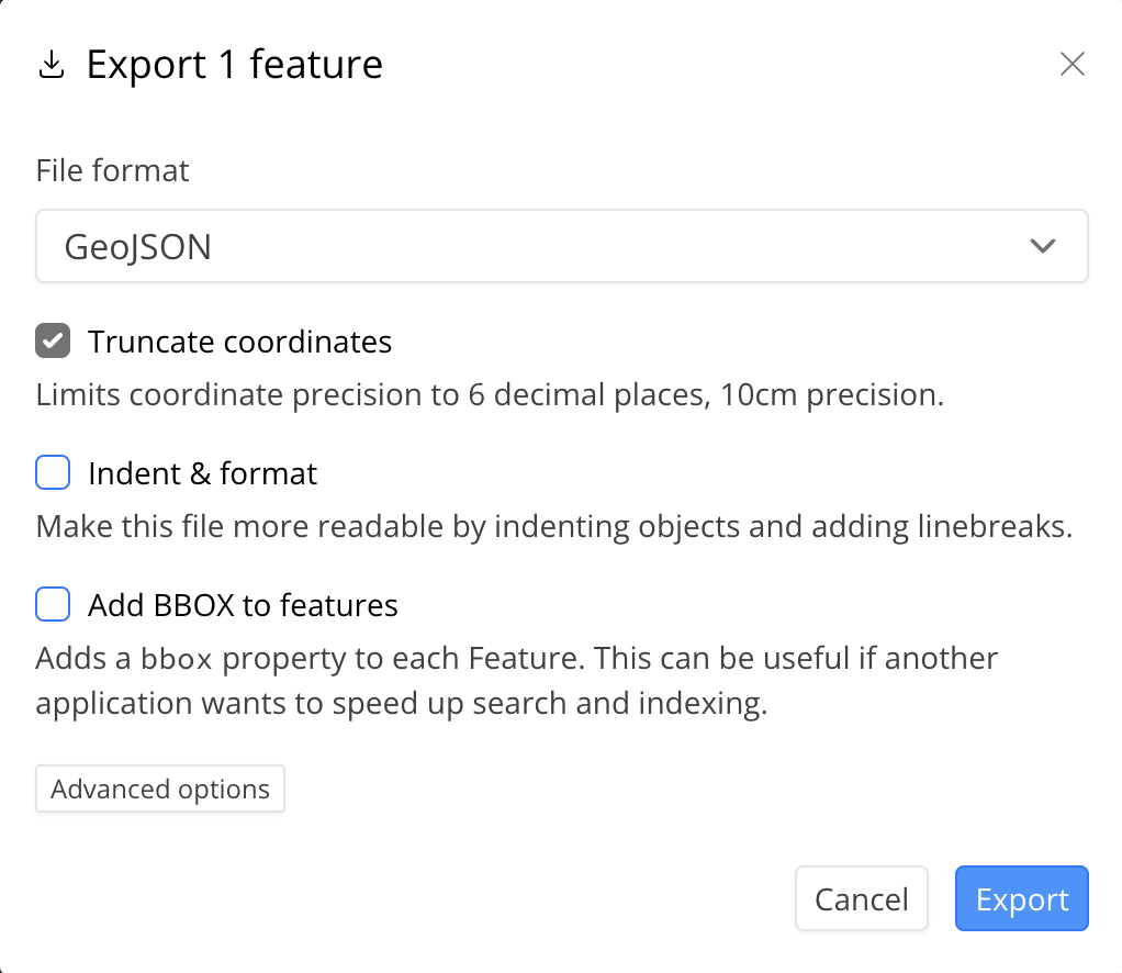 the export interface showing the file format and options for export