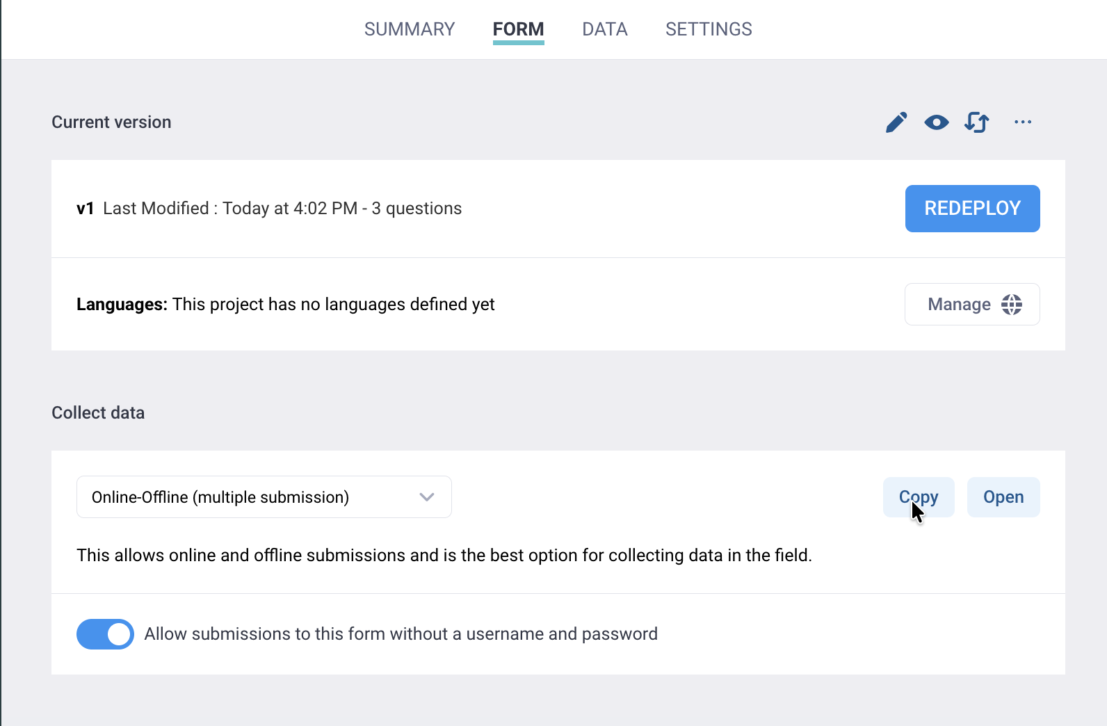 KoboToolbox form deployment page
