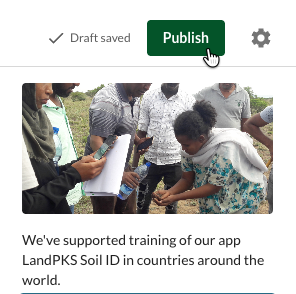 cursor poised over the "publish" button in a story map about soil