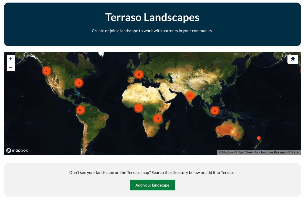A landscape dashboard with a map representing all the Terraso Story Map landscapes