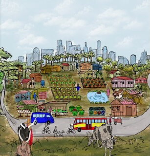 Colorful illustration of cattle grazing and farm plots with a city skyline in the background